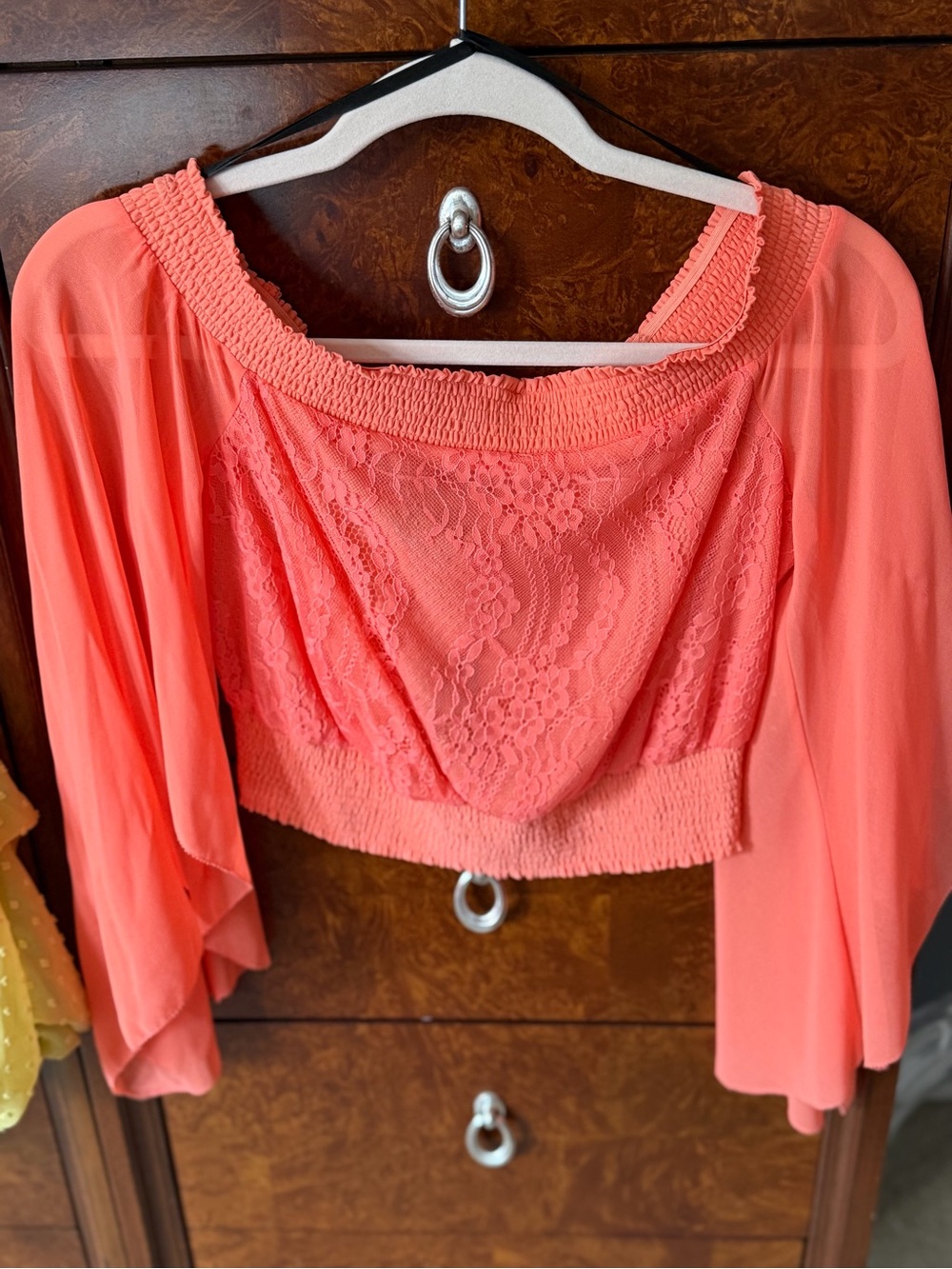 bebe Coral Lace Off-Shoulder Crop Top